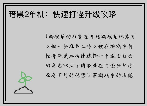 暗黑2单机：快速打怪升级攻略